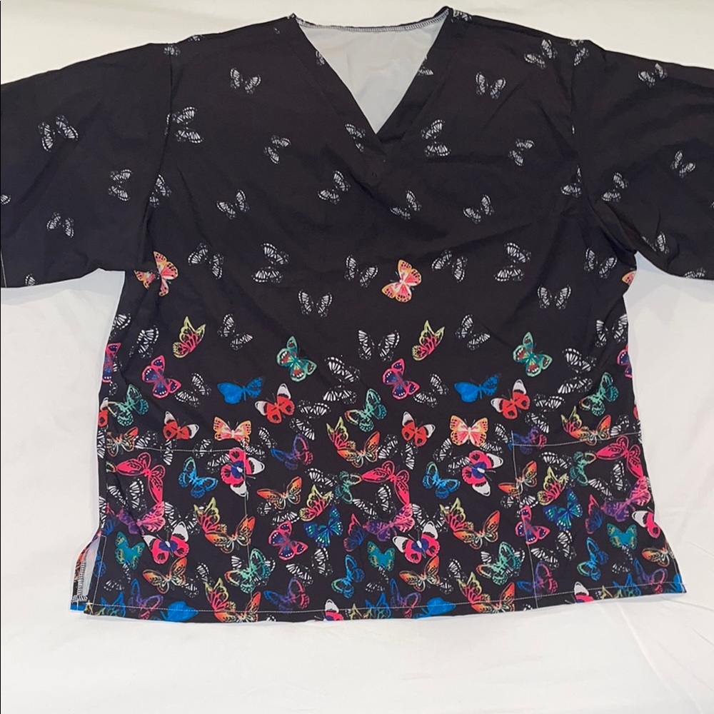 Black Butterfly Print Scrub Top